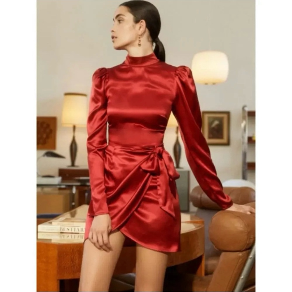 Red Silk Long Sleeve Wrap Dress